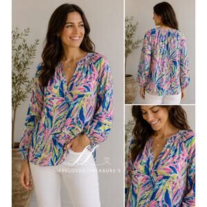 Lilly Pulitzer 100% Silk Peasant Blouse Pink Blue Green Print Size Medium